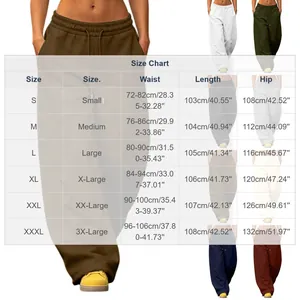 Detailed size chart for high-street baggy sweatpants showing waist, length, and hip measurements.
