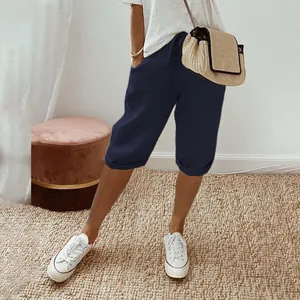 Women Casual Cotton Linen Shorts Elastic Waist Drawstring Pockets Knee Length Loose Fit Summer Breathable Bermuda Shorts Bottoms