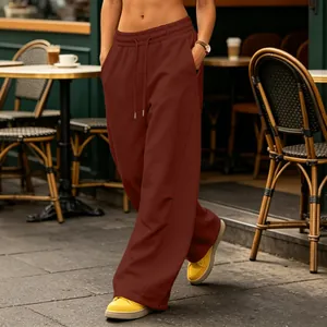 Stylish high-street loose wide-leg sweatpants with drawstring waist in burgundy red.