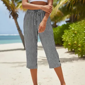 Lightweight black and white striped cropped pants for beach and casual summer wear