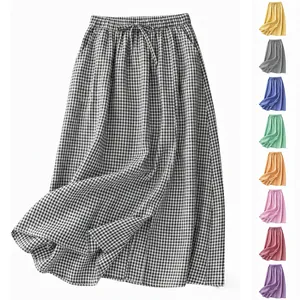 Retro Gingham Cotton Linen A-Line Midi Skirt For Women High Waist Drawstring Plaid Skirt With Pockets Loose Bottoms
