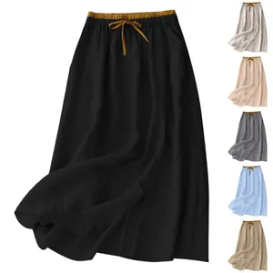 Casual high-waisted cotton linen maxi skirt with drawstring and functional side pockets