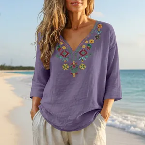 Detailed embroidery on purple vintage cotton linen V-neck blouse with 3/4 sleeves