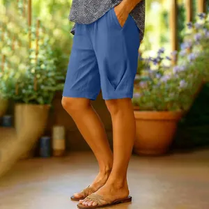 Short décontracté en mélange de lin bleu pour femme avec jambe droite et taille élastique