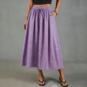 High-waisted vintage purple gingham cotton linen midi A-line skirt for women model