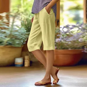 Short décontracté en coton et lin pour femmes avec poches de couleur jaune
