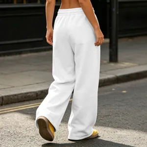 Back view detail of white high-waist wide-leg sweatpants in a casual street setting