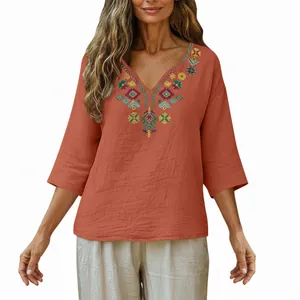 Vintage burnt orange cotton linen blouse with colorful V-neck embroidery and 3/4 sleeves