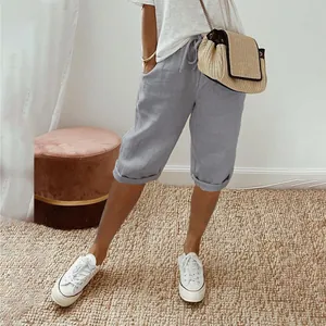 Stylish gray cotton linen casual shorts featuring elastic waist and functional pockets