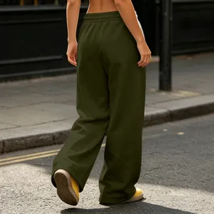 Detailed back view of high street style olive green wide-leg sweatpants in a street setting