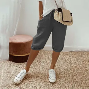 Casual women's grey cotton linen cropped pants with elastic waist and side pockets