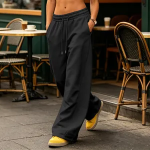 Stylish black high-waisted wide-leg sweatpants featuring drawstring waist and loose fit