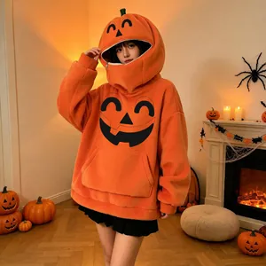 Felpa oversize arancione con cappuccio a zucca da donna, perfetta per le feste di Halloween.