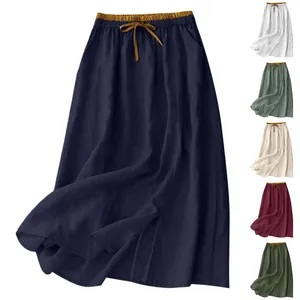 Women Vintage High Waist Cotton Linen Maxi Skirt Literary Casual Summer Solid Color Loose Long Skirt With Pockets