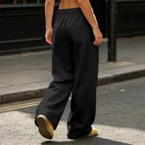 Close-up back view of black high-waisted wide-leg sweatpants in a street setting