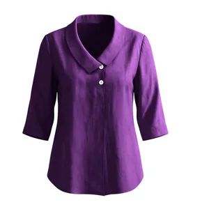 Blouse en coton et lin violette de haute qualité avec col châle élégant et boutons
