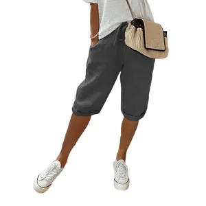 Women's dark grey cotton linen cropped pants with drawstring elastic waist and pockets.