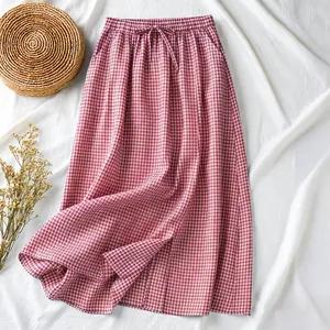 Vintage red and white gingham cotton linen midi skirt with elastic high waist and A-line cut