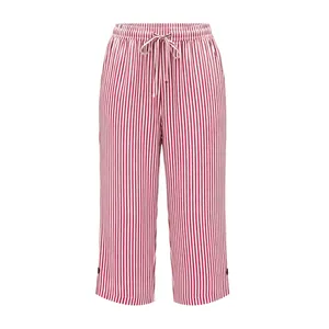 Red and white vertical striped summer cropped pants with drawstring elastic waistband