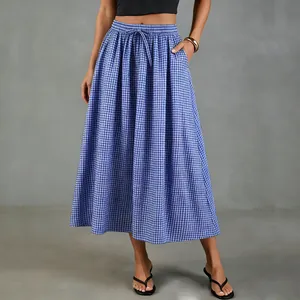 Detailed view of the blue gingham cotton linen midi skirt with a drawstring high waist
