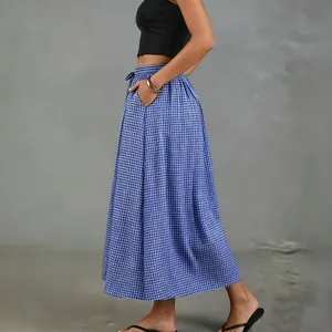 Vintage blue and white gingham linen midi skirt with pockets and high waist design