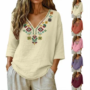 Women V Neck Embroidered Cotton Blouse Retro 3/4 Sleeve Summer Ethnic Style Loose Shirt Pullover Vacation Top for Women