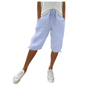 Lichtblauwe dames casual katoen linnen shorts met elastisch trekkoord en zakken