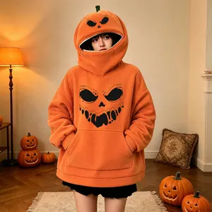 Felpa oversize arancione a zucca con stampa viso e cappuccio per costume di Halloween