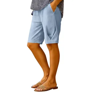 Short d'été ample en coton et lin pour femme en bleu clair avec taille élastiquée