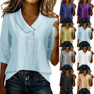 Chemisier Casual en Coton pour Femmes Col en V Coupe Ample Manches Trois-Quarts Couleur Unie Chemise d'Été avec Boutons Tenue de Bureau