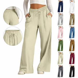 Women Casual Cotton Linen Blend Wide Leg Pants High Waist Loose Drawstring Trousers With Pockets Solid Color Vacation Bottom