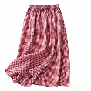Vintage red gingham cotton linen A-line midi skirt with elastic high waist drawstring