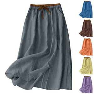 Vintage high-waisted cotton linen maxi skirt for women in various colors