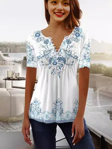 Γυναικείο Κομψό T-Shirt με Floral Τύπωμα Κοντό Μανίκι Λαιμόκοψη V Κουμπί Σούρες Πολυεστερικό Τοπ Καλοκαιρινό Casual