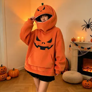 Felpa con cappuccio a zucca oversize con viso Jack-o'-lantern dettagliato e cerniera