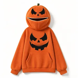 Felpa arancione con cappuccio a zucca di Halloween con bocca a cerniera e stampa