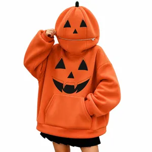 Felpa oversize con cappuccio a forma di zucca di Halloween con zip sul viso unico