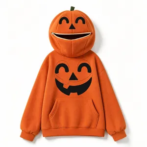 Vista dettagliata della felpa arancione a zucca di Halloween con cappuccio a zip.