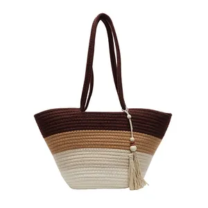 Sac à Main en Paille Tissée à Rayures Dégradées Grand Cabas Sac Seau Plage d'Été Vacances Décor de Perles en Bois
