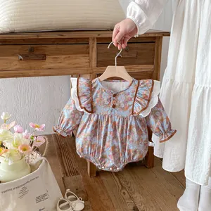 Cute baby long sleeve floral romper with ruffles, sweet infant cotton bodysuit spring.