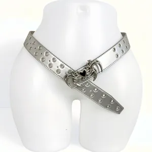Silver double grommet belt with gothic heart buckle, Y2K aesthetic extra-long waist belt.