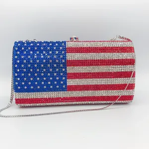 Detailed view of the sparkling red, white, and blue rhinestones on the American flag clutch