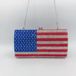 Detailed view showing American flag pattern with sparkling rhinestones on clutch bag