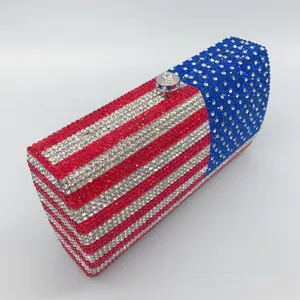 Macro view of sparkling rhinestones on an American flag themed evening clutch bag.