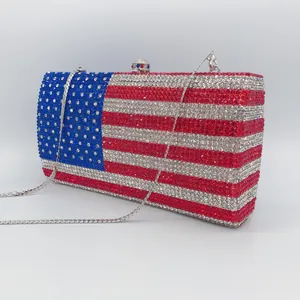 Side view of luxury American flag rhinestone evening clutch bag with elegant silver chain
