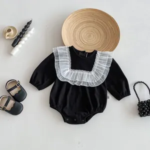 Cute baby girl long sleeve romper with sweet white ruffled collar, stylish infant bodysuit.