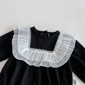 Infant baby girl long sleeve cotton romper with elegant layered lace ruffle collar details.