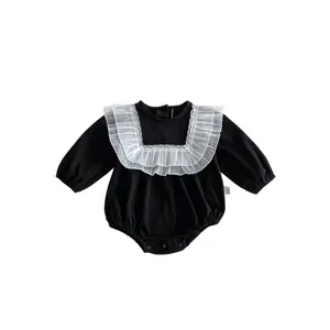 Cute baby girl long sleeve romper black with white lace collar infant crawler jumpsuit