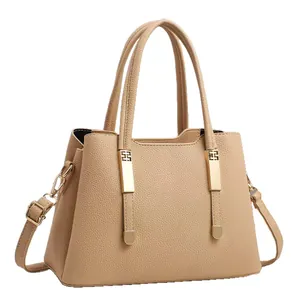 Elegant beige textured leather tote bag for women with gold hardware