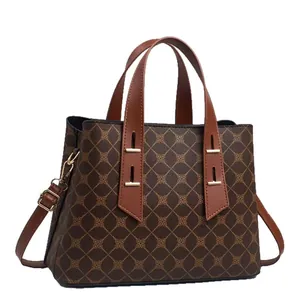 Sac à main classique à motif monogramme avec anses marron et bandoulière réglable